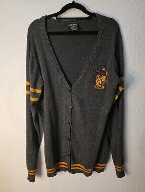 EUC Warner Bros. Harry Potter Gray Cardigan with Yellow Stripe Gryffindor Crest